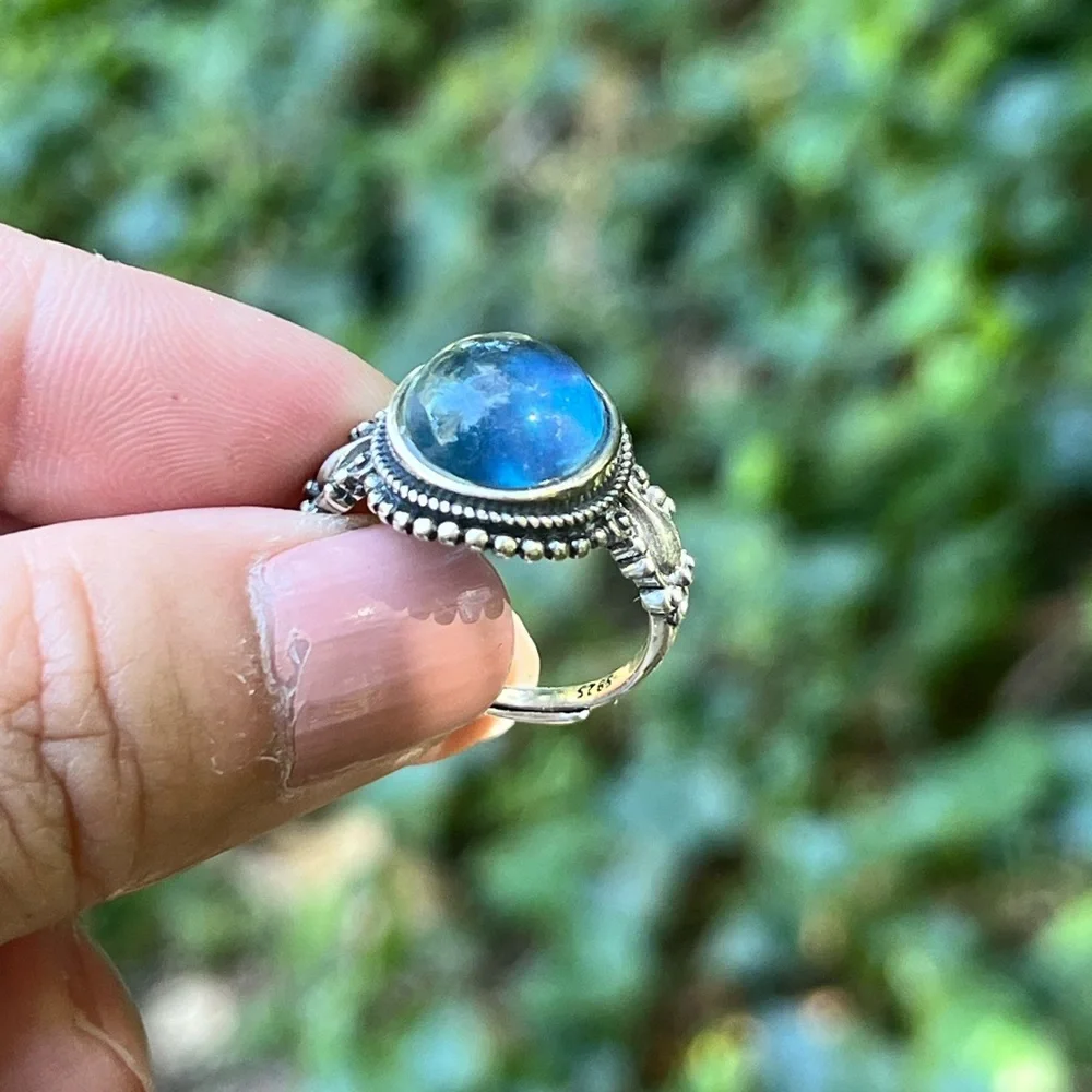 Sterling silver 925‎ stamped adjustable round aquamarine ring 0130